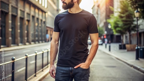 Man model shirt mockup. Boy wearing black t-shirt on street in daylight. T-shirt mockup template on hipster adult for design print. Male guy wearing casual t-shirt mockup placement. photo