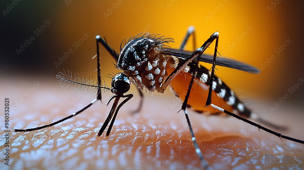 Fototapeta premium Close-up of a mosquito feeding on human skin.