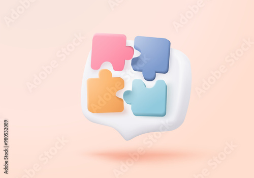 3D jigsaw puzzle pieces icon symbol of teamwork. Problem-solving, business challenge of people connect jigsaw, partnership match colleague concept. 3d teamwork idea icon vector render illustration