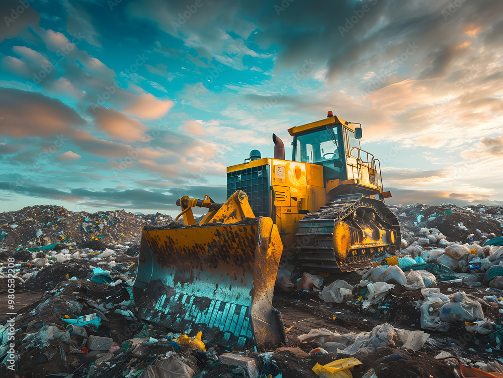 A bulldozer works at a landfill, waste recycling process. Neural network AI generated art