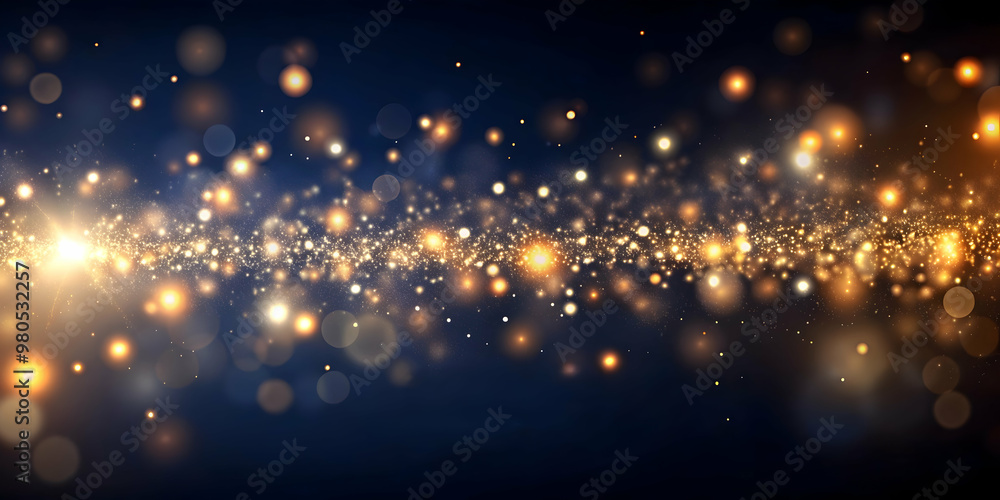 Naklejka premium Golden Trail of Enchantment: A dazzling river of golden particles dances across a deep blue expanse, evoking the magic of the cosmos or a fantastical journey. 