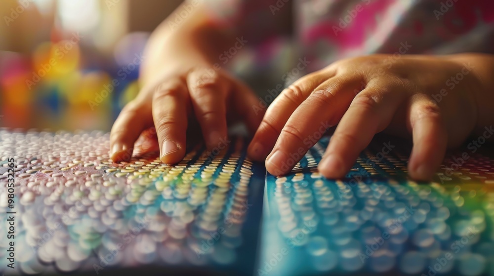 Close-up of child's hands playing with colorful sensory texture board, promoting sensory development and creative play. Close-up of child's hands playing with colorful sensory texture board, promoting sensory development and creative play.