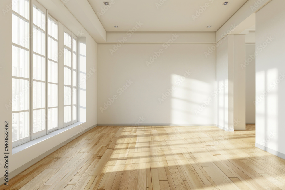 White walls and light wood floors in an empty room mock-up with copy space for product display presentation. White walls and light wood floors in an empty room mock-up with copy space for product display presentation.