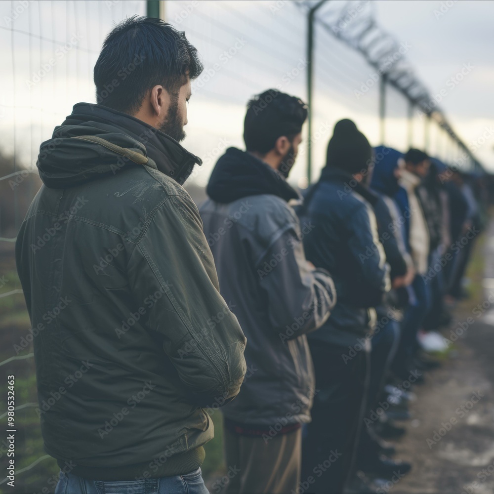 A line of people stand by a fence. AI. A line of people stand by a fence. AI.