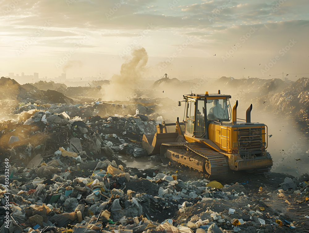 A bulldozer works at a landfill, waste recycling process. Neural network AI generated art A bulldozer works at a landfill, waste recycling process. Neural network AI generated art
