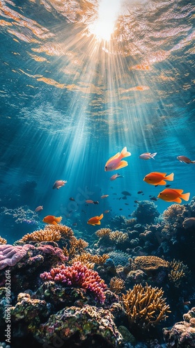 A vibrant underwater scene showcasing coral reefs teeming with colorful marine life photo