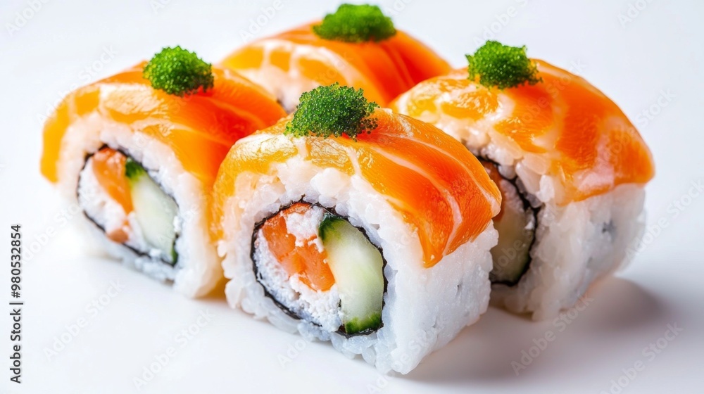 Roll with salmon, shrimp, cucumber, and Chuka salad inside, Green Tobiko on top of the roll on a Sushi Japan Roll with salmon, shrimp, cucumber, and Chuka salad inside, Green Tobiko on top of the roll on a Sushi Japan