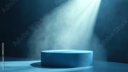 Blue podium illuminated by a spotlight in a minimalist scene with gentle smoke creating a dramatic and professional atmosphere