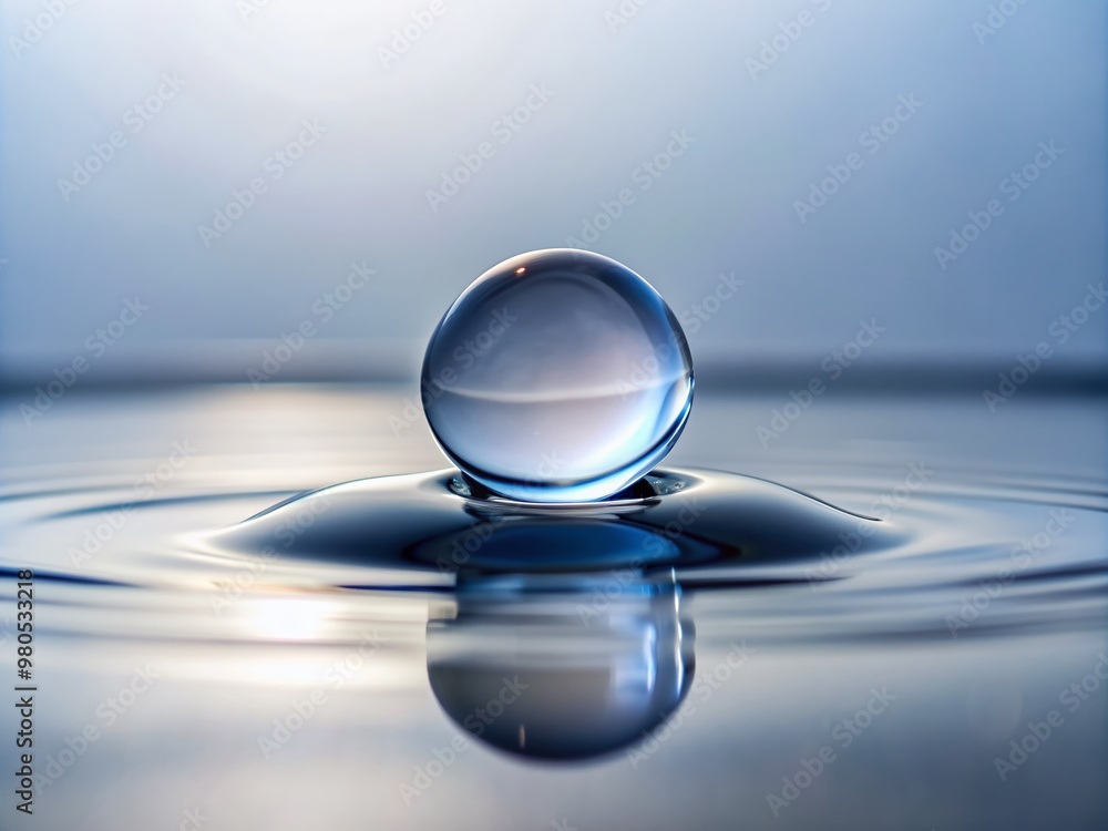 Macro photography of a single, perfectly rounded water droplet resting on a pristine white background, emphasizing its transparent and reflective properties. Macro photography of a single, perfectly rounded water droplet resting on a pristine white background, emphasizing its transparent and reflective properties.