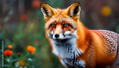 Red fox gracefully explores a vibrant flower garden, surrounded by blooming colors and natures beauty