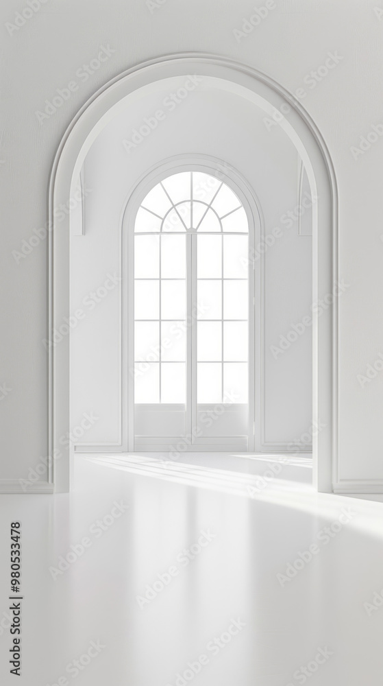 White background with an arched door, light sky, and white floor, minimalist style with space for text in the center. White background with an arched door, light sky, and white floor, minimalist style with space for text in the center.