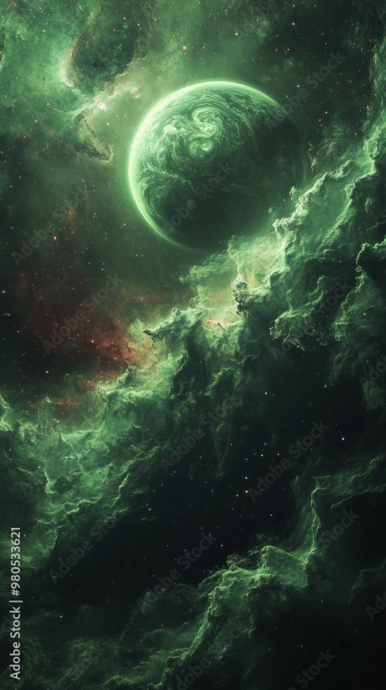 A Green Planet Amidst a Nebula and Stars in Space A Green Planet Amidst a Nebula and Stars in Space