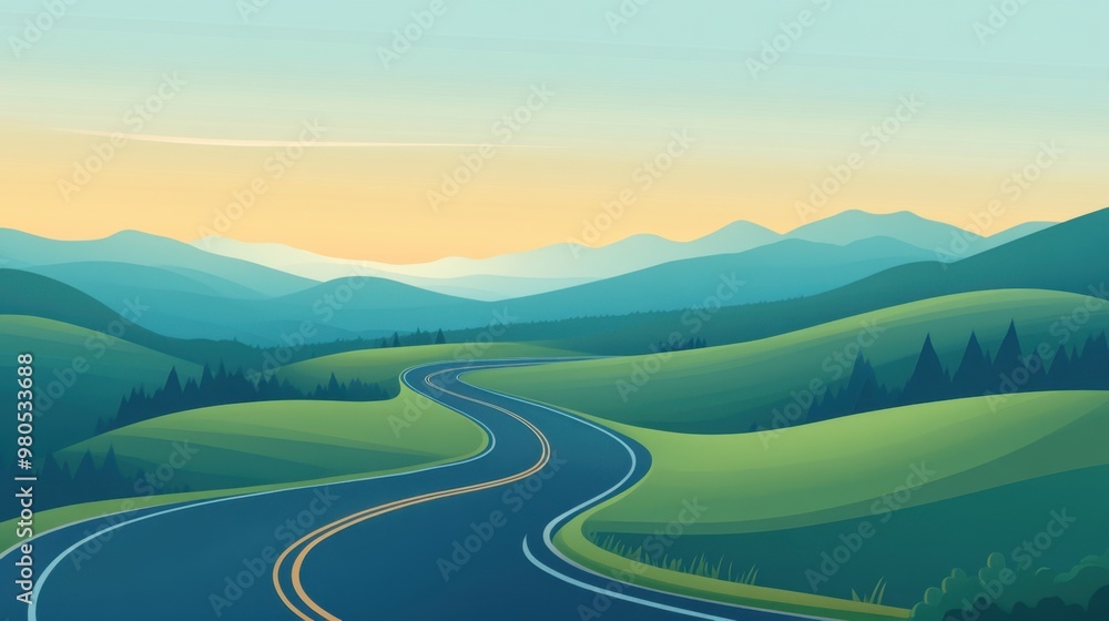 Illustration of a long winding road cutting through a scenic landscape with rolling hills and distant horizon Illustration of a long winding road cutting through a scenic landscape with rolling hills and distant horizon