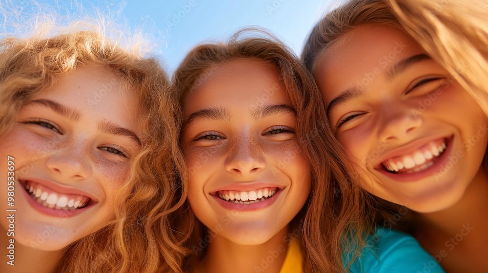 Three smiling girls enjoy a sunny day outdoors, capturing a moment of joy and friendship in a vibrant and lively setting. Three smiling girls enjoy a sunny day outdoors, capturing a moment of joy and friendship in a vibrant and lively setting.