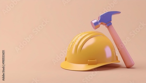 A bright yellow construction helmet and a hammer resting on a soft pink background, ideal for construction-related themes. photo