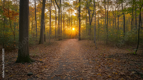 forest filled with fall leaves sunset scene with a walkway