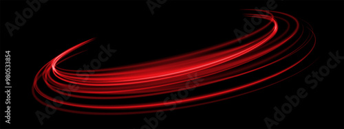Abstract red speed light lines neon ring glowing circle round movement on black background vector