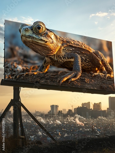 A striking billboard featuring a detailed frog against an urban backdrop, showcasing wildlife and city contrast. photo