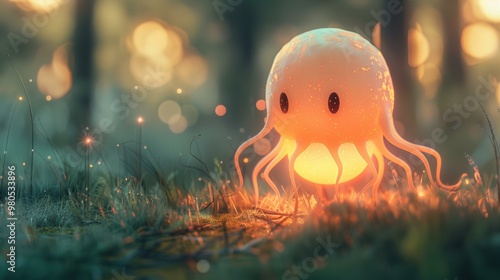 A glowing creature with tentacles in a forest. AI. photo