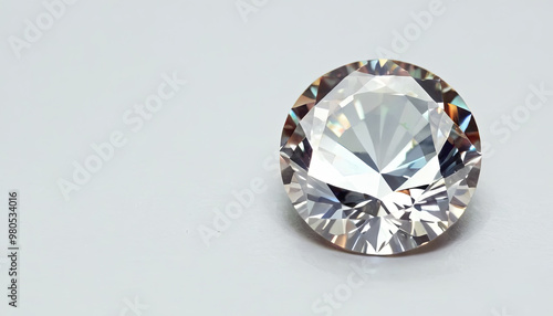 A single round diamond displays its exquisite facets and sparkling clarity, reflecting light beautifully against a smooth, light-colored backdrop