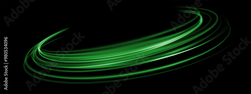 Abstract green speed light lines neon ring glowing circle round movement on black background vector