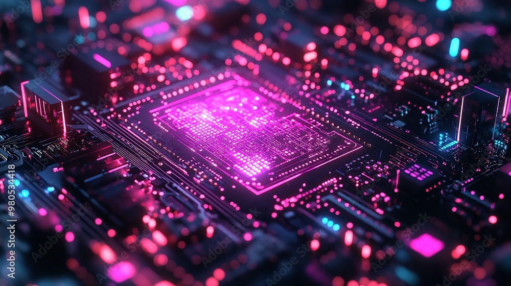 Illuminated Motherboard with a Pink CPU Illuminated Motherboard with a Pink CPU