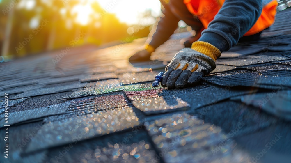 A close-up shot of a roofer's gloved hand installing asphalt shingles on a rooftop at sunset, symbolizing craftsmanship and home improvement. A close-up shot of a roofer's gloved hand installing asphalt shingles on a rooftop at sunset, symbolizing craftsmanship and home improvement.