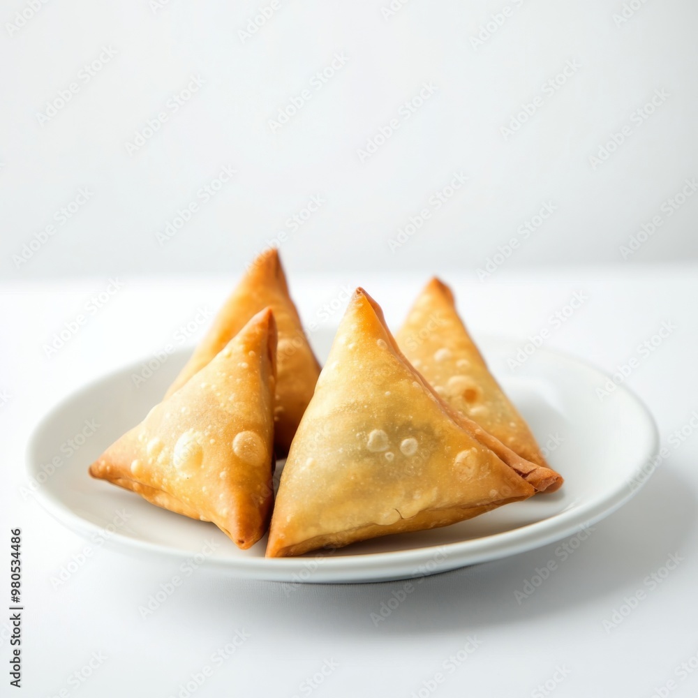 samosa on a white table, pieces placed on a flat plate, clean plate, plain background samosa on a white table, pieces placed on a flat plate, clean plate, plain background