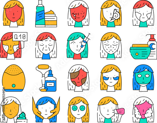 Facial Skin Care And Treatment Icons Set Vector. Couperose And Acne Face Skin Problem, Massage And Laser Lifting Beauty Spa Salon Procedure . Toner And Scrub Cosmetology color Contour Illustrations