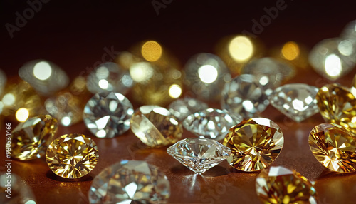 Various cut diamonds and yellow gemstones are scattered across a wooden surface, reflecting light and creating a stunning visual display in a luxurious setting