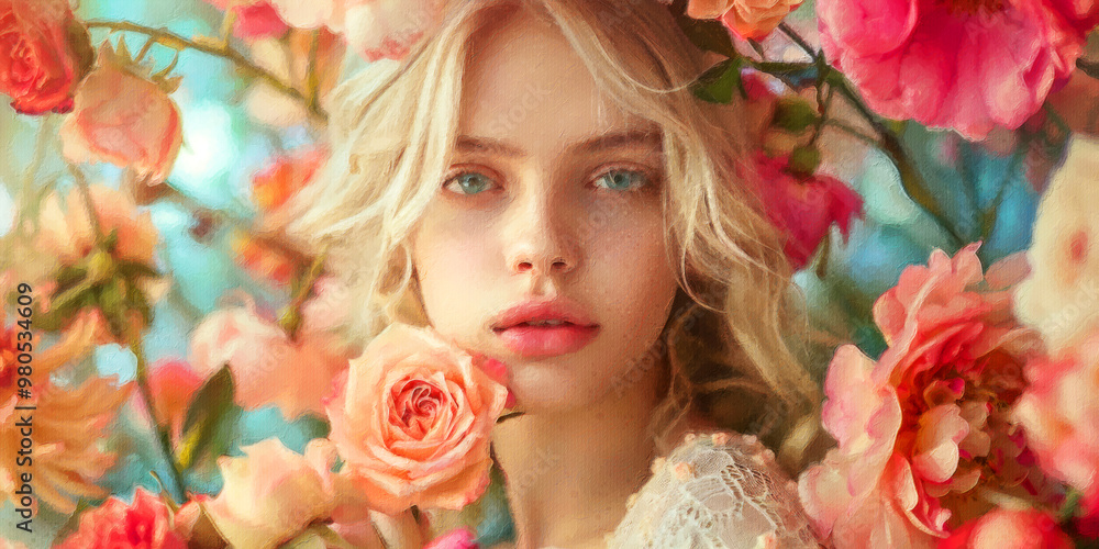 oil painting of A blonde girl with eyes surrounded by pastel-colored roses, peonies, and camellias in a full-body fantasy portrait with soft natural light. oil painting of A blonde girl with eyes surrounded by pastel-colored roses, peonies, and camellias in a full-body fantasy portrait with soft natural light.