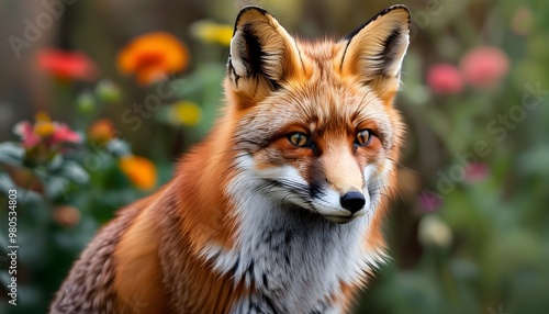 Red fox gracefully explores a vibrant flower garden, surrounded by blooming colors and natures beauty