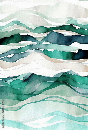 Wallpaper Mural Beautiful watercolor painting showcasing dynamic waves set on white background, flowing water and vibrant colors, feelings of tranquility and movement. A beautifully crafted watercolor painting Torontodigital.ca