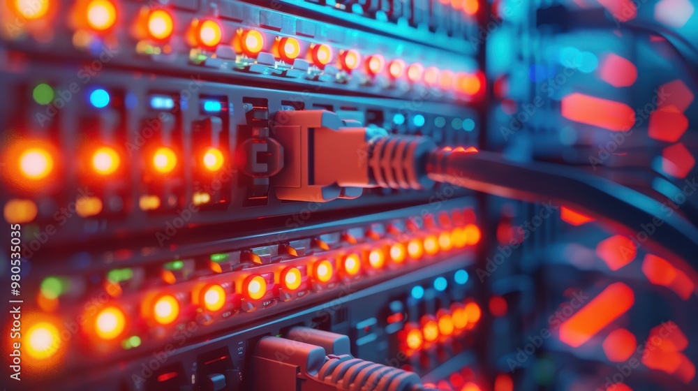 Close-up of a network server with glowing LED lights and connected Ethernet cables, depicting advanced data center technology and connectivity. Close-up of a network server with glowing LED lights and connected Ethernet cables, depicting advanced data center technology and connectivity.