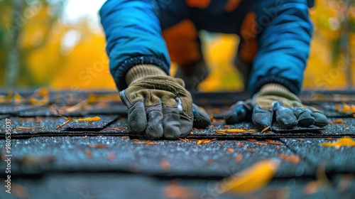 Close-up of a person wearing gloves and a jacket, working on a roof covered with autumn leaves, in a natural outdoor setting.