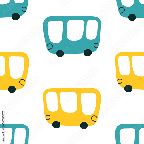 Seamless kids pattern. Cute busses. Hand drawn illustration on white background.