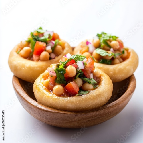 pani puri is filled with mint, chany and tomatoes, dahi oozing out of it photo