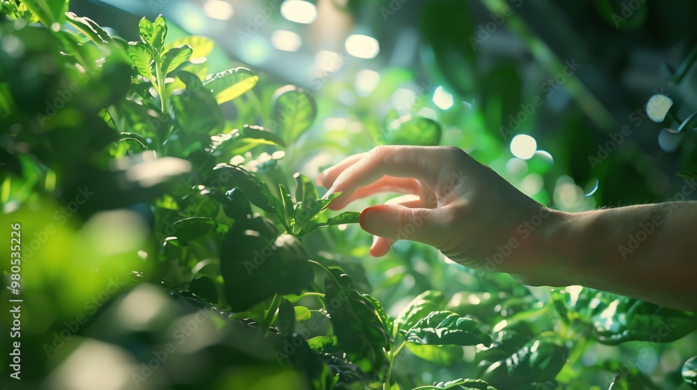 Hands gently touching green tea leaves in a garden, sunlight filtering through the foliage, a close-up shot, macro photography, high resolution, hyper-realistic, cinematic lighting, depth of field Hands gently touching green tea leaves in a garden, sunlight filtering through the foliage, a close-up shot, macro photography, high resolution, hyper-realistic, cinematic lighting, depth of field
