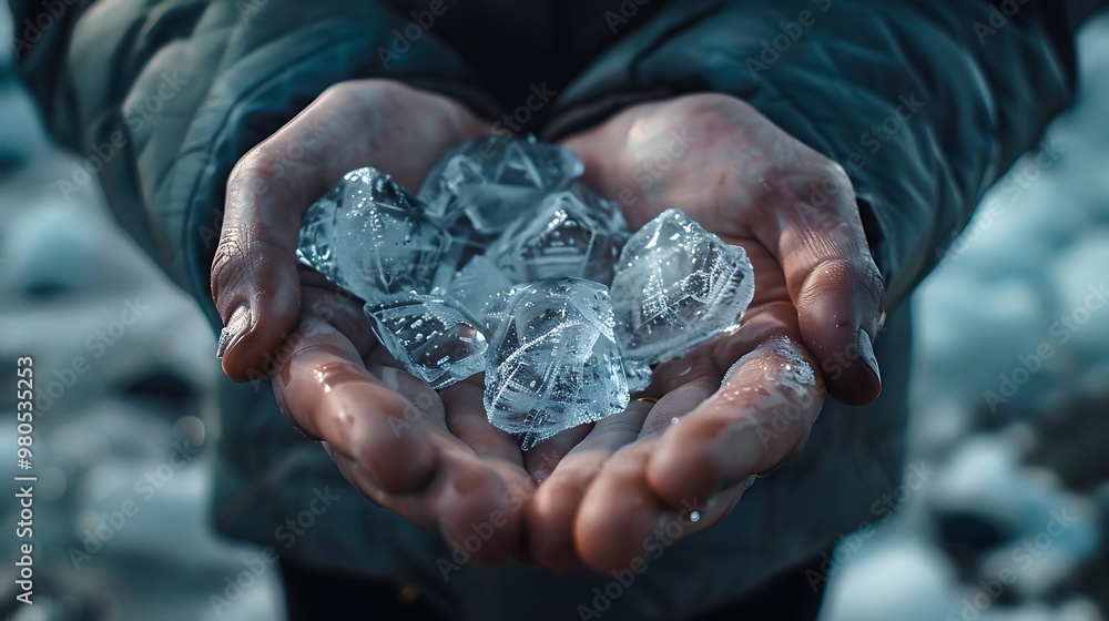 A person holding frozen ice in their hands, with the focus on one hand and a close-up of its palm. The background is an icy landscape, and there's some snow visible around them. A person holding frozen ice in their hands, with the focus on one hand and a close-up of its palm. The background is an icy landscape, and there's some snow visible around them.