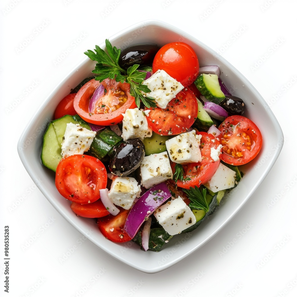 Small bowl with greek salad with feta cheese Small bowl with greek salad with feta cheese
