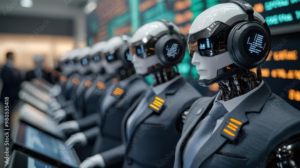 Naklejka premium Group of robots wearing business suits at a stock exchange, corporate AI, future of AI in finance