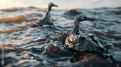 Two birds in the water, photorealistic, cinematic, Octane render, high-resolution photography, super-detailed, dynamic pose, dramatic lighting, close-up shot, sea background, hyper-realistic photo