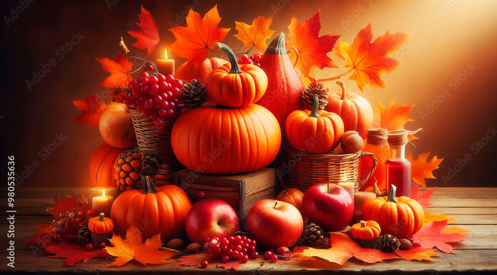 Fall and Thanksgiving background with pumpkins fruits and falling leaves with orange color Fall and Thanksgiving background with pumpkins fruits and falling leaves with orange color