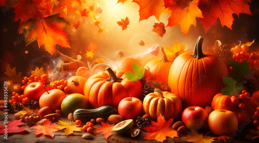 Fall and Thanksgiving background with pumpkins fruits and falling leaves with orange color Fall and Thanksgiving background with pumpkins fruits and falling leaves with orange color