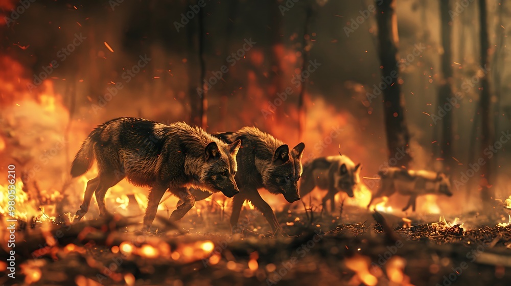 Fototapeta premium Photorealistic image of wolves running through a forest on fire, 3D render, Octane rendering, dramatic lighting, cinematic.