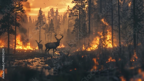 Photograph of a forest on fire with deer running away, in the cinematic style, with natural lighting, hyper-realistic, cinematic composition, following the rule of thirds, landscape photography photo