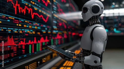 Robot analyzing crypto market trends on multiple screens, crypto trading, AI in decentralized finance photo