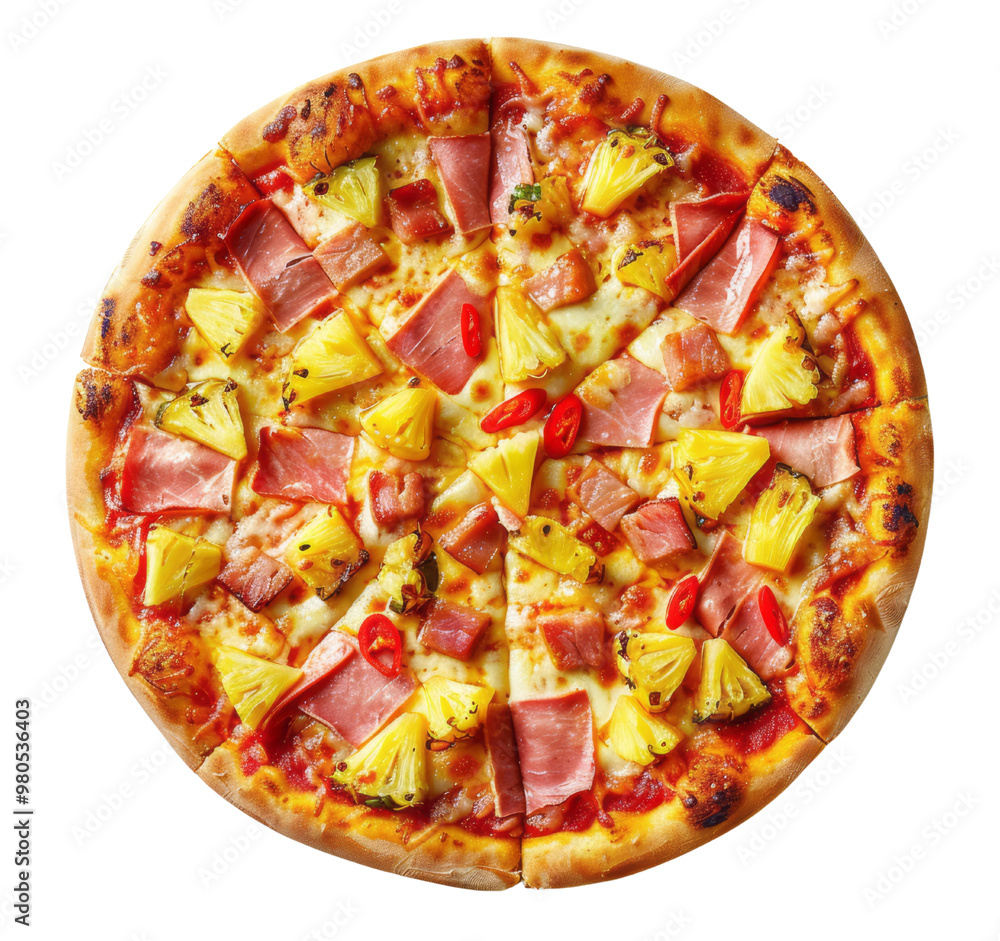 Ultra-realistic photograph of pizza with pineapple, ham, and pepper on a transparent background. Ultra-realistic photograph of pizza with pineapple, ham, and pepper on a transparent background.