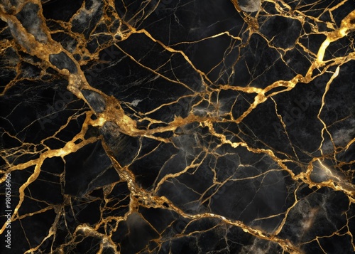 Dark, luxurious black marble texture with intricate golden veins, showcasing a natural, elegant pattern, perfect for opulent interior design, ceramic flooring, and wall tiles.