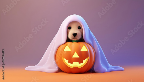 A cute dog peeks out from a ghostly blanket next to a glowing pumpkin, perfect for Halloween themes. photo